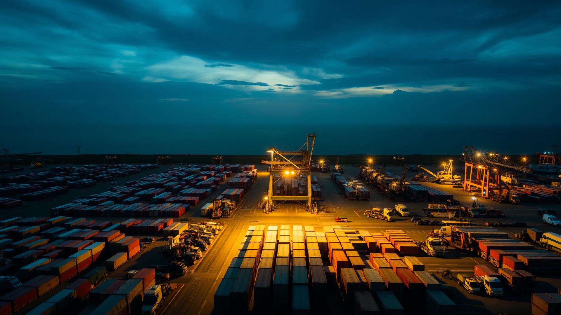 Industrial port at dusk with shipping containers and freight trucks
